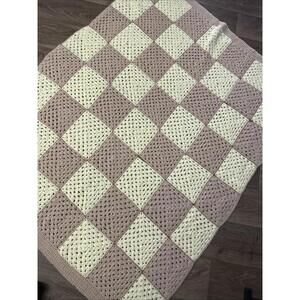 Vintage Square Crochet Yellow & BeigeRose Small Throw Cottage Afghan 46” X 58”.